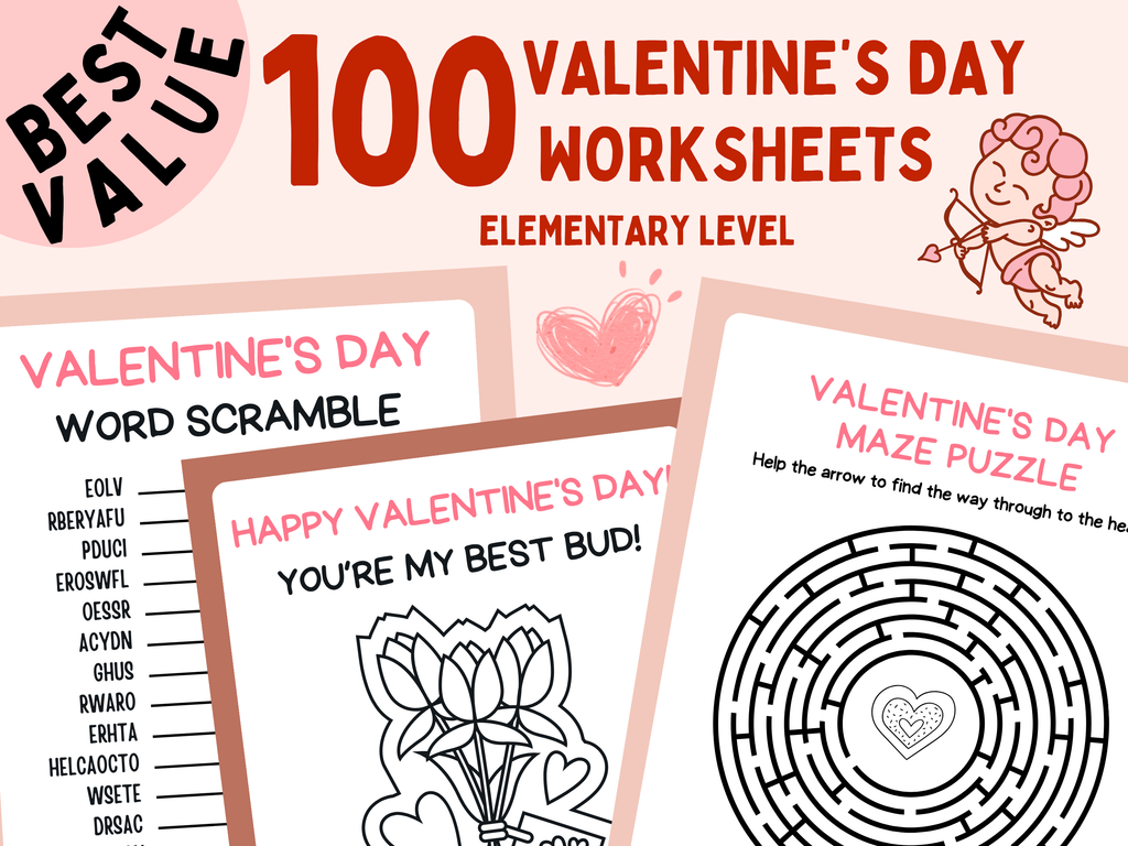 Valentine's Day Elementary Worksheets | 100 Pages (PDF)