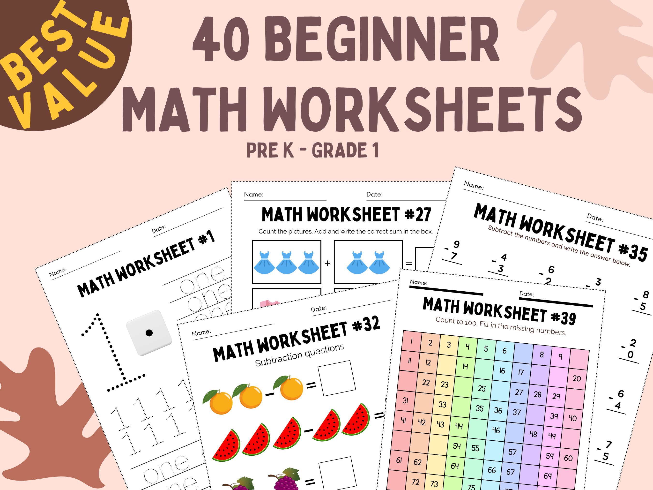 Beginner Math Worksheets | Pre-K to Grade 1, Counting, Addition & Subtraction (PDF)