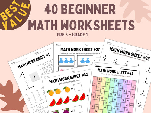 40 Beginner Math Worksheets Pre-K to Grade 1 — Cover